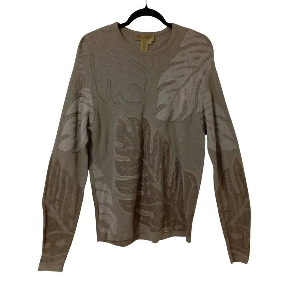Tricots St Raphael Beige Leaf-Patterned Crewneck Sweater Large 100% Pima Cotton